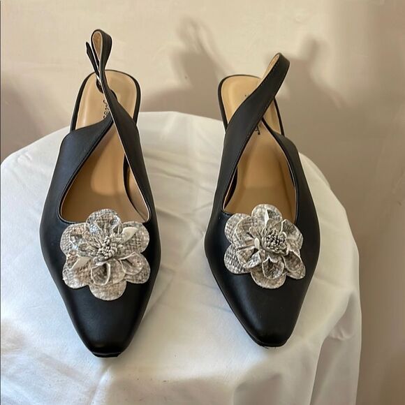 Angel Steps Elegant Black Slingback Heels with Floral Accent - Picture 1 of 10